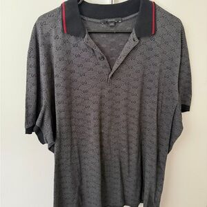 Gucci Charcoal Gray All-Over Logo Polo with Black Collar and Red Trim